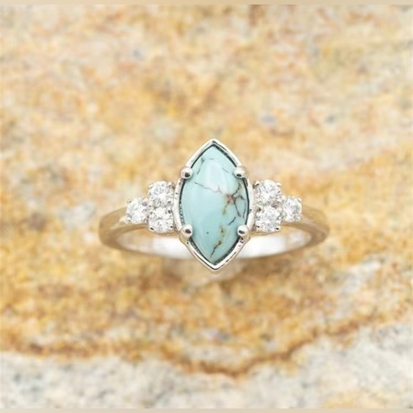 3Pc Silver Turquoise Ring Set Moissanite Stone Women Christmas Gift - Picture 2 of 5
